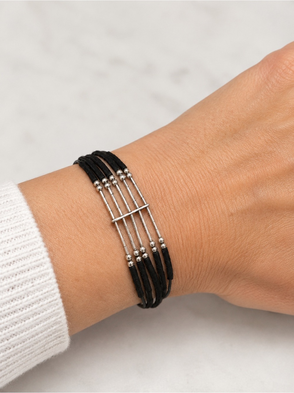 Native American Southwestern Sterling Liquid Silver Onyx 5 Strand Bracelet